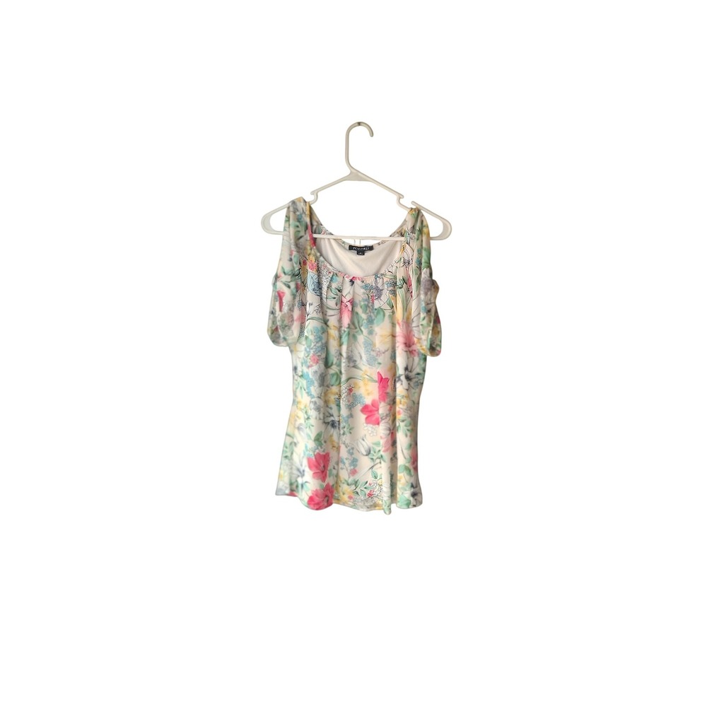 Roz & Ali Floral Cold Shoulder Blouse Multi Color Short Sleeve Pleated Top M